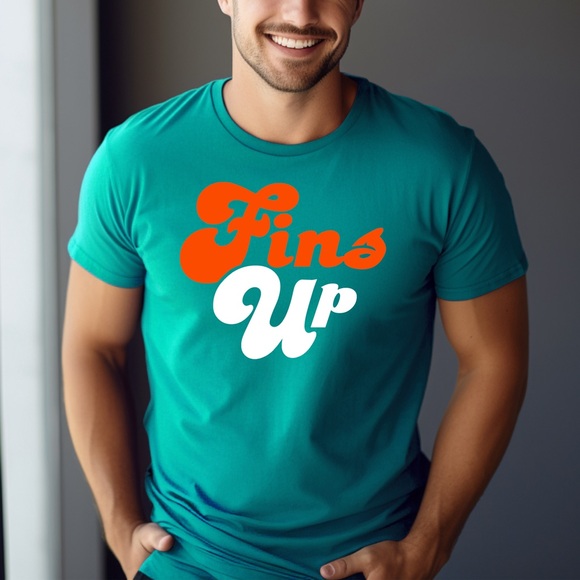 Fins Up, Miami Football themed Soft Ringspun Cotton T-Shirt - Picture 1 of 2